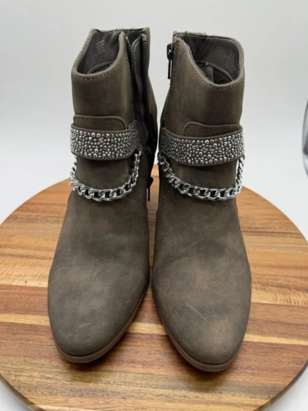 Jennifer Lopez Brown Rhinestone Chain Block Heel Ankle Boots